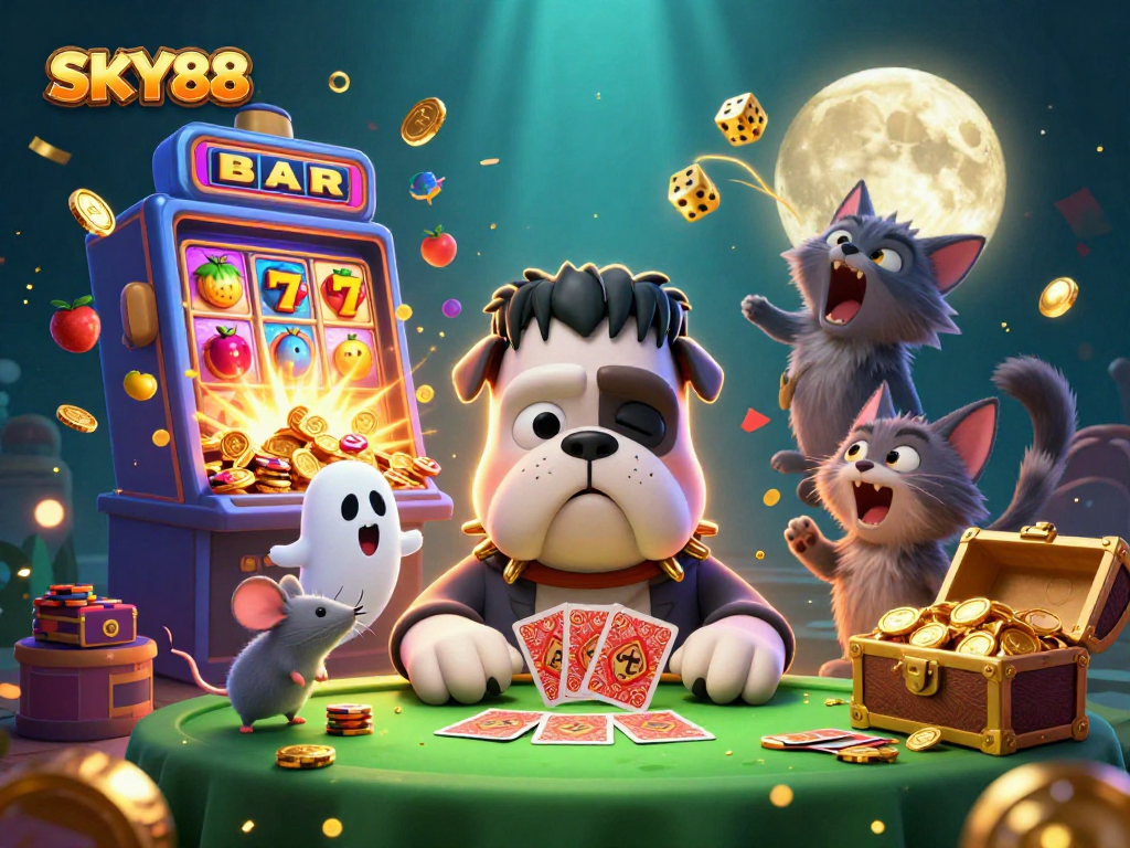 SKY88's engaging casino scene depicts a Frankenstein bulldog dealing cards amid slot machine excitement.