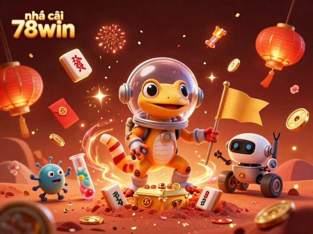 Experience the excitement of nhà cái 78win amidst a vibrant Martian casino scene, packed with festive decorations.