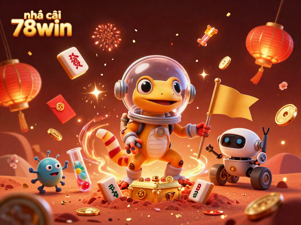 Experience the excitement of nhà cái 78win amidst a vibrant Martian casino scene, packed with festive decorations.