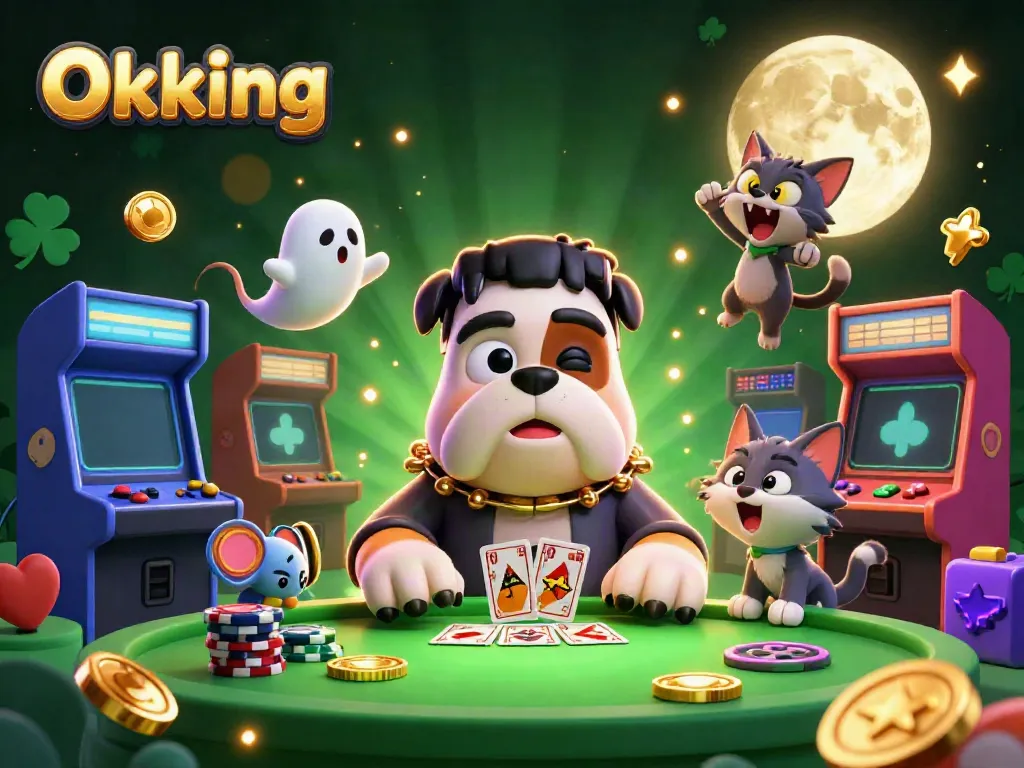 Experience thrilling gameplay at Okking featuring captivating characters in a vibrant, casino-themed digital illustration.