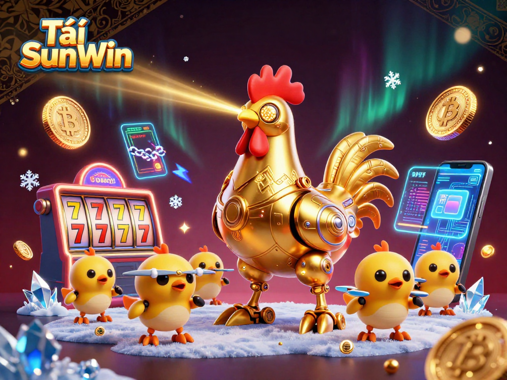 Tải SunWin captures the thrilling golden rooster robot engaging in a vibrant casino scene filled with vibrant slot elements.