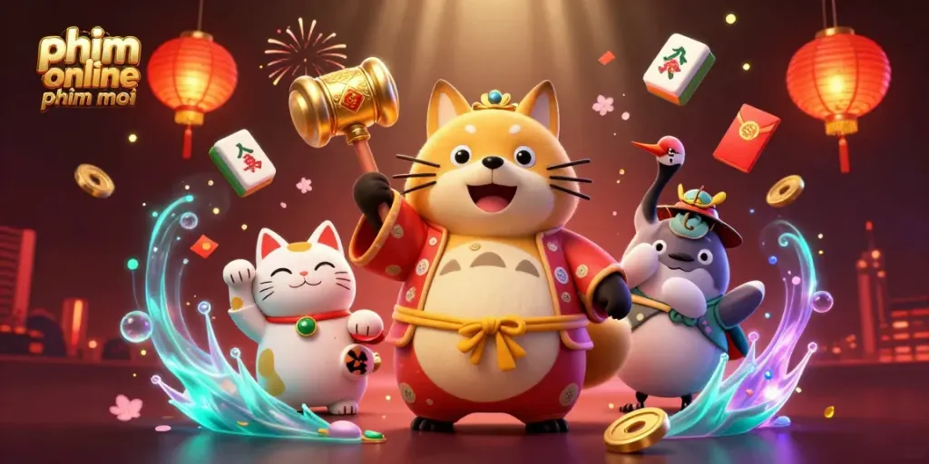 Engaging scene showcasing phim online phimmoi with a cheerful tanuki and lucky symbols of fortune.