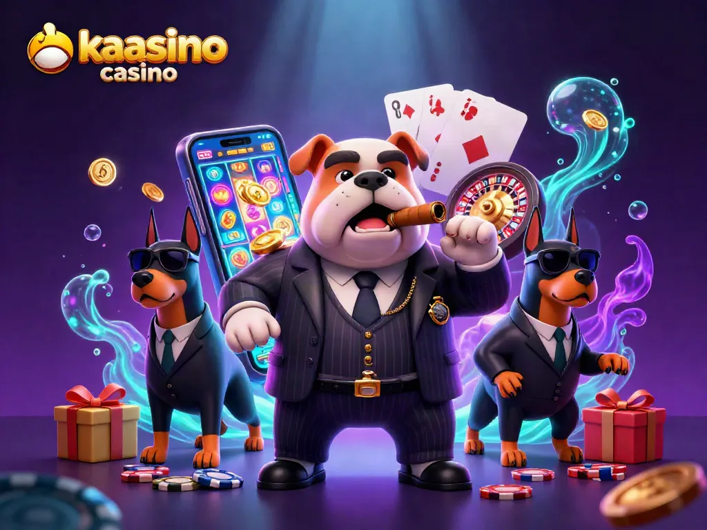 Kaasino casino showcases a vibrant 3D scene with a mafia bulldog and Doberman bodyguards in a dynamic gaming ambiance.