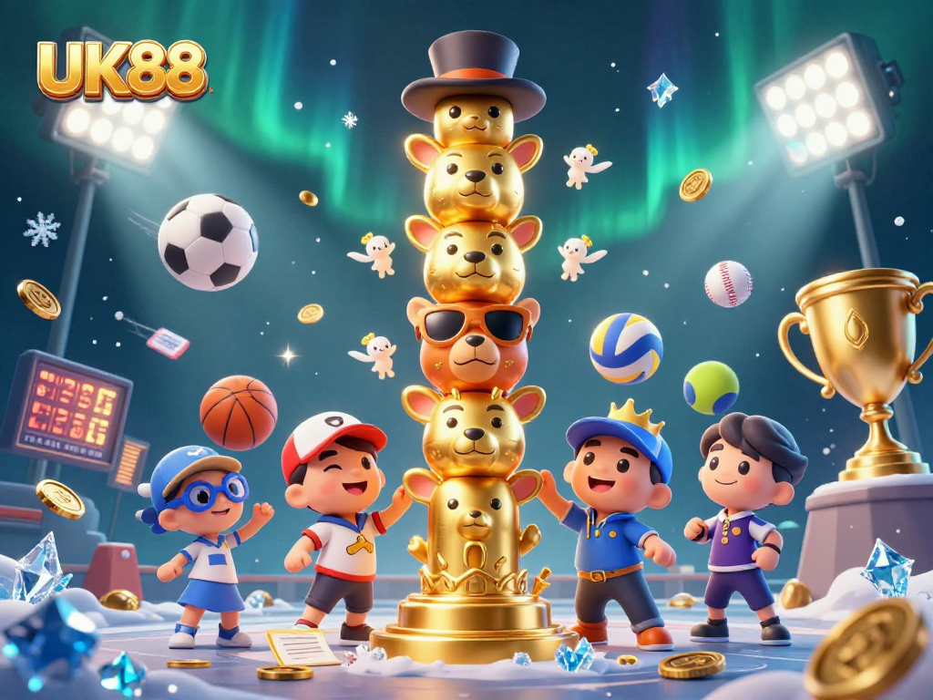 Action-packed UK88 casino scene with a dynamic totem pole and sports betting elements.