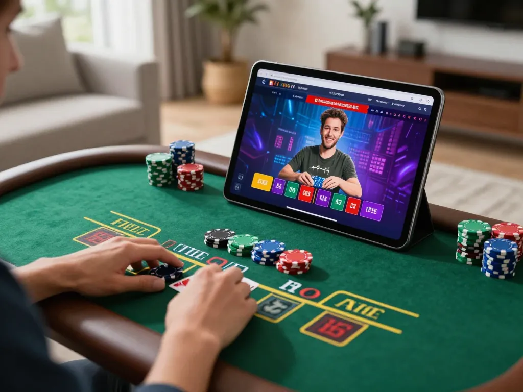 Engaging in strategic play on sc88e, a vibrant online blackjack game displayed on a tablet in a cozy living room.