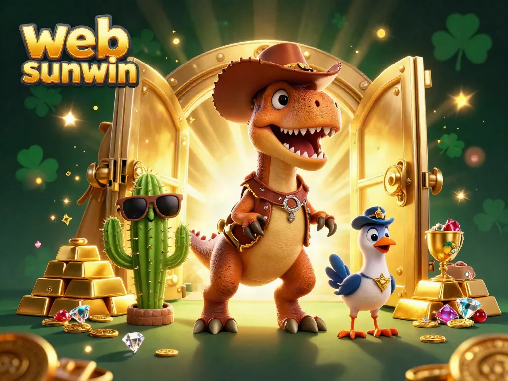 Experience the thrill of winning at the web sunwin casino with lively characters amidst treasure and casino gems.