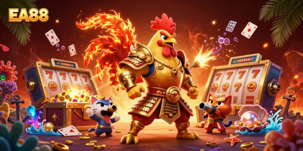Experience the thrill of EA88 with a roaring rooster warrior, dragon, and slot machines in an action-packed casino scene.
