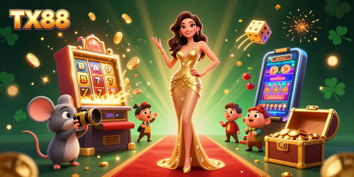 Experience the thrill of TX88 with a stunning casino illustration featuring glamorous characters and jackpots.