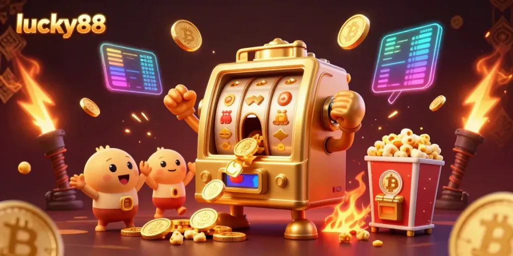 Hit the jackpot with lucky88 as golden coins cascade from a surprised slot machine.