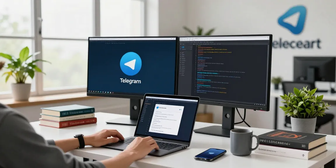 Download Telegram on a dual-monitor workspace showcasing the app interface amidst a modern development environment.