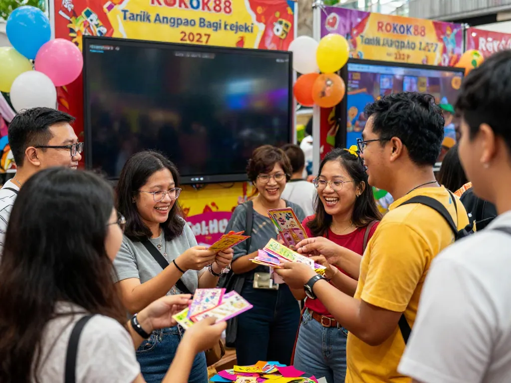 ROKOK88 event scene showcasing attendees joyfully participating in Tarik Angpao Bagi Rejeki 2027.