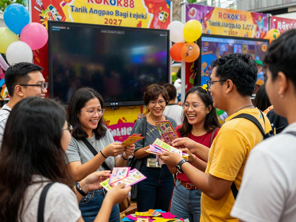 ROKOK88 event scene showcasing attendees joyfully participating in Tarik Angpao Bagi Rejeki 2027.