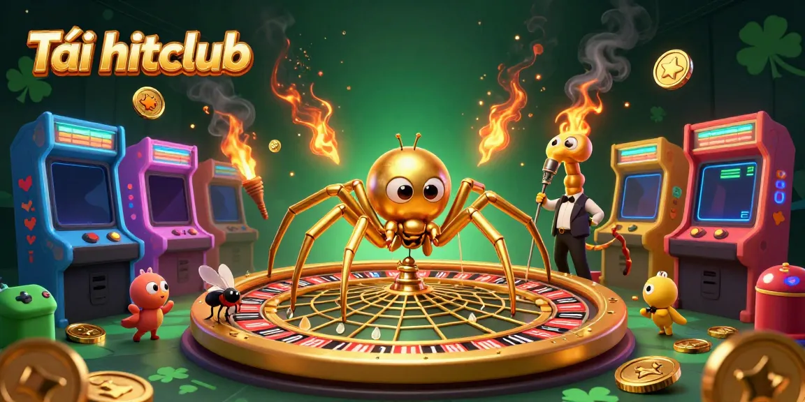 Experience the thrill of Tải hitclub with an imaginative illustration showcasing a spider and croupier in a casino-themed setting.