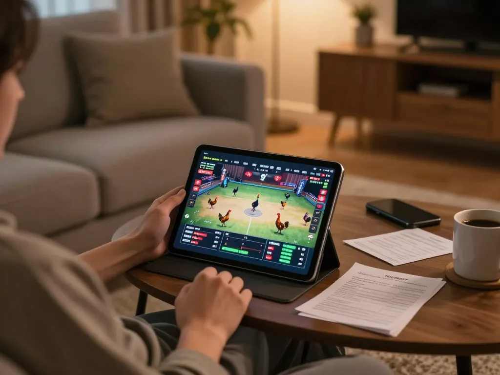 Engaging in live cockfighting betting directly from home, with a cozy ambiance.