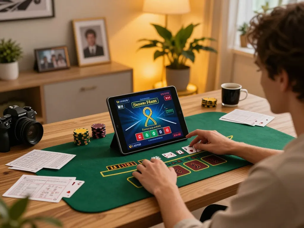 Engaging online gaming session with Link mới Bom88 on tablet, showcasing live dealer blackjack.