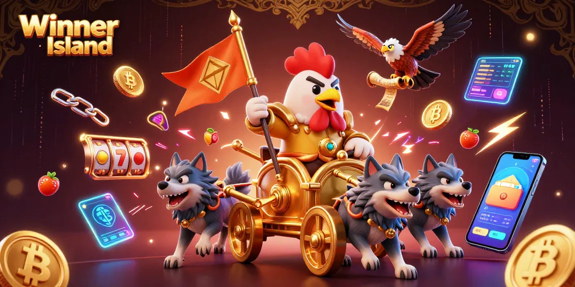 Experience the excitement of gaming on Winner Island, showcasing vibrant slot reels and crypto elements.
