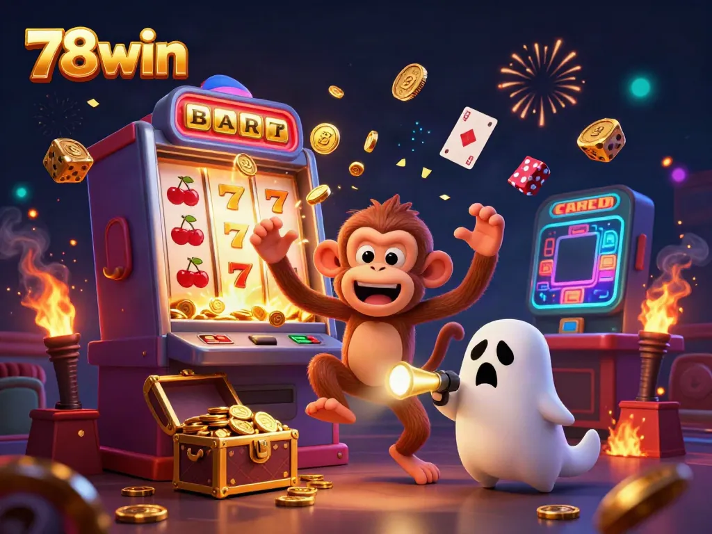 Experience thrilling wins at 78win with a vibrant casino scene featuring a playful monkey and a curious puppy.