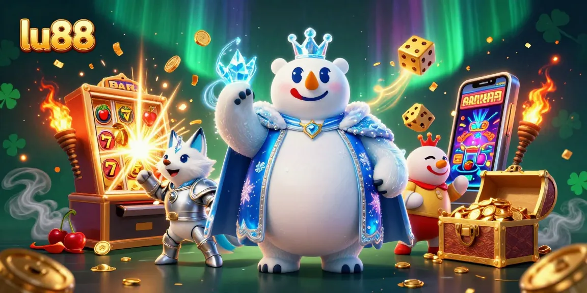 Experience excitement with lu88, a vibrant 3D casino scene featuring cartoon characters surrounded by slots and bonus elements.