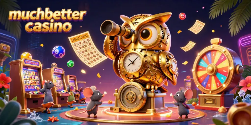 Experience the thrills of muchbetter casino with a golden clockwork owl overseeing a vibrant gaming scene.
