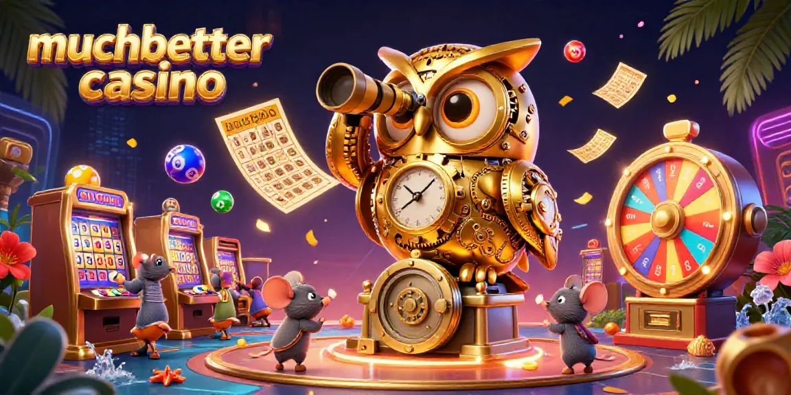 Experience the thrills of muchbetter casino with a golden clockwork owl overseeing a vibrant gaming scene.