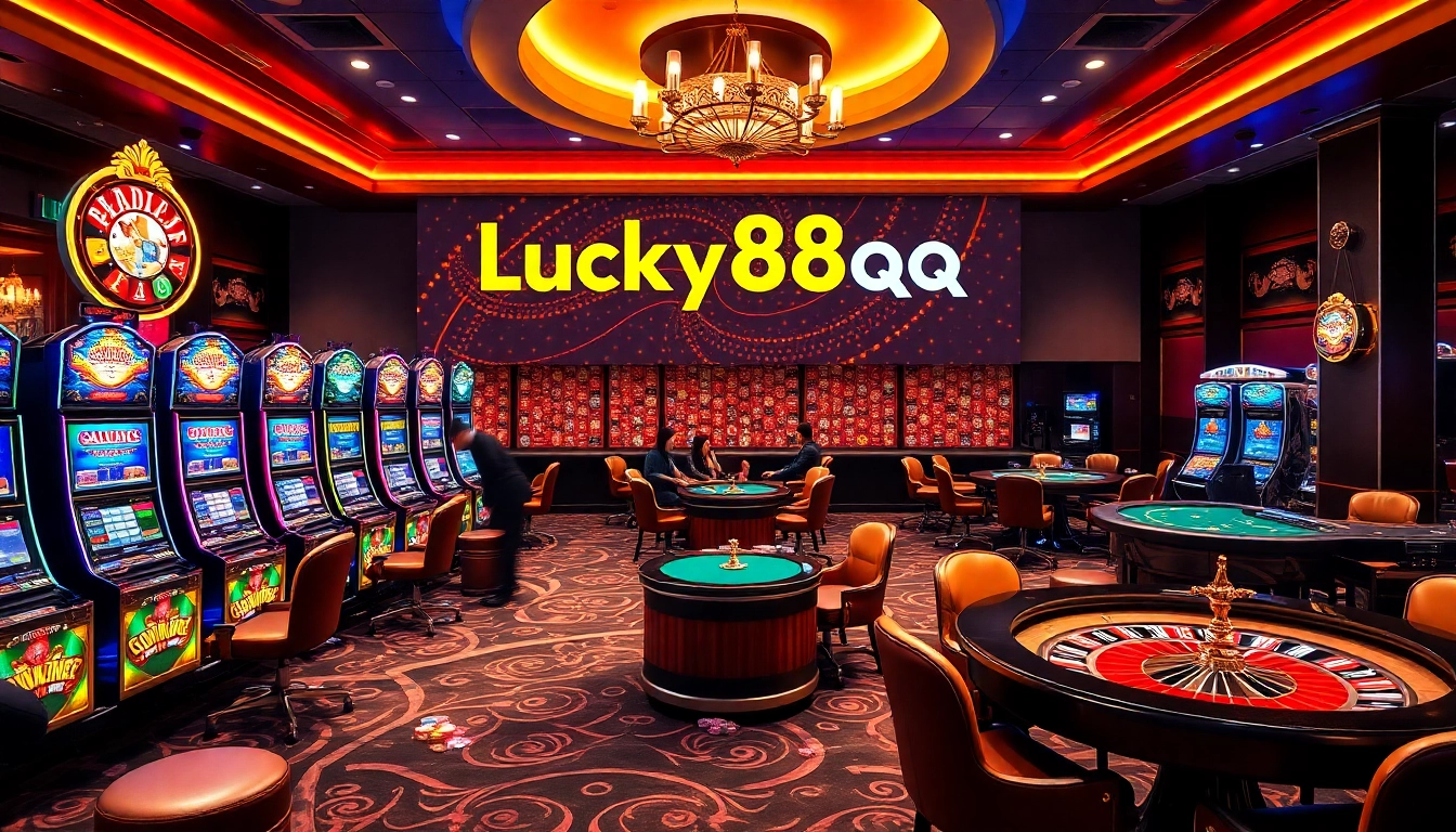 Experience the excitement of Lucky88qq in a vibrant casino setting, featuring luxurious slot machines and games.