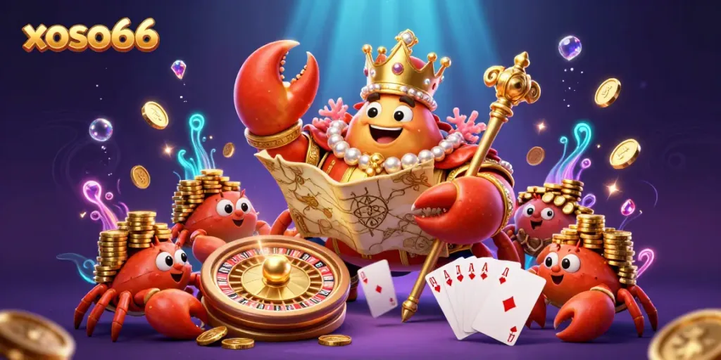 Xoso66 golden crab emperor surrounded by gems and poker elements, showcasing a vibrant online gaming atmosphere.