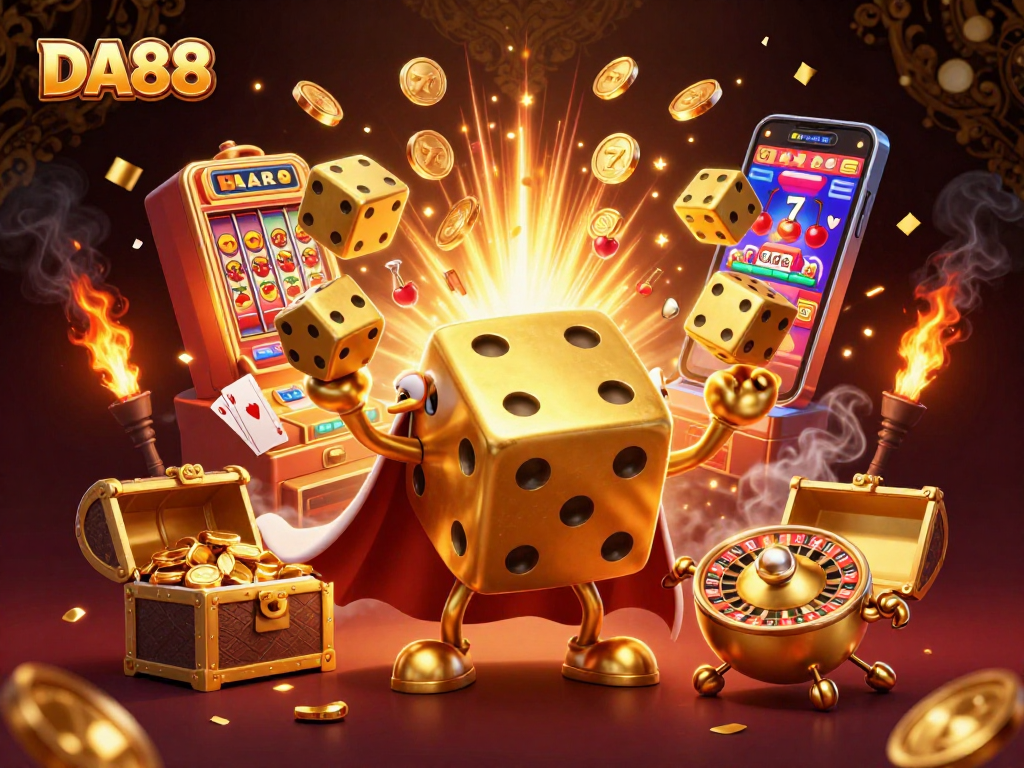 DA88 showcases vibrant casino action with golden dice and a jackpot explosion