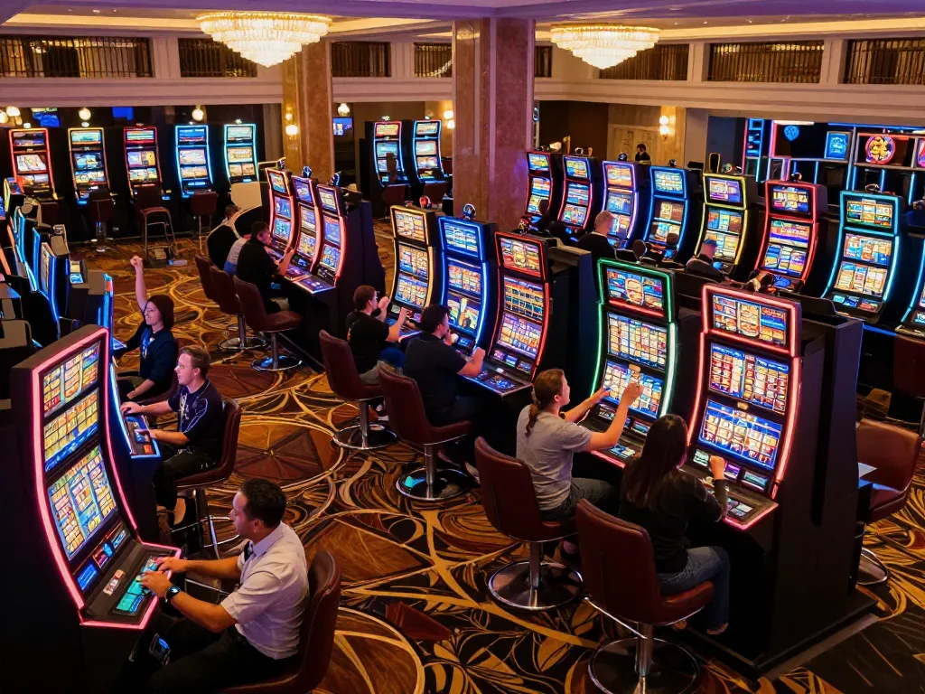 Players celebrating wins at tg88 slot machines in a vibrant casino atmosphere filled with neon lights.