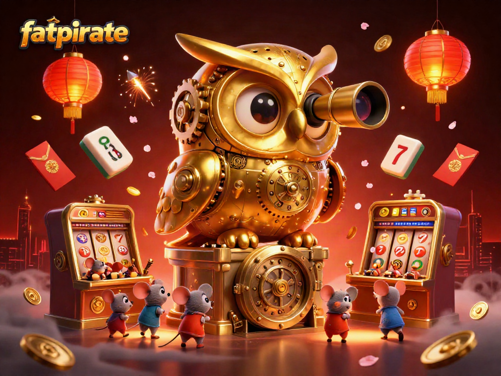 Players spin slots at FatPirate Casino with a whimsical golden owl observing the action.