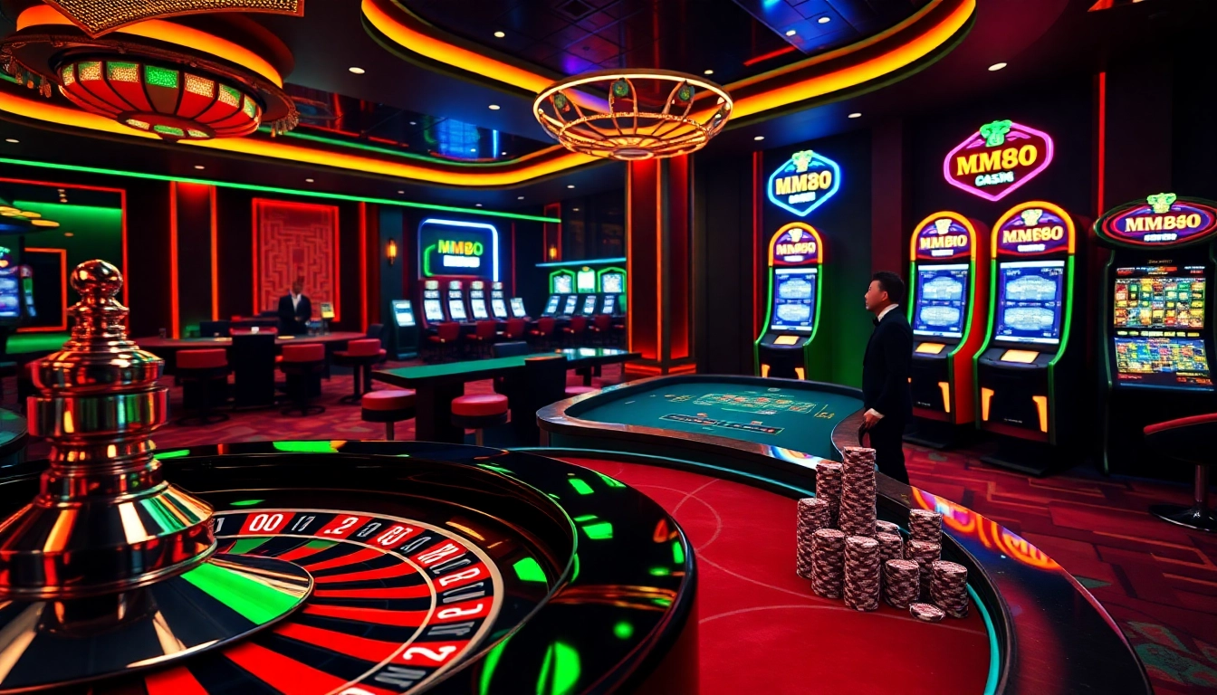 Engage with the excitement of MM88 link through a vibrant online casino scene showcasing roulette, poker chips, and professional dealers.