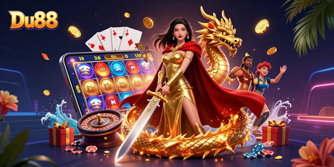 Experience epic gaming adventures with Du88 as vibrant characters and casino elements blend in an electrifying scene.