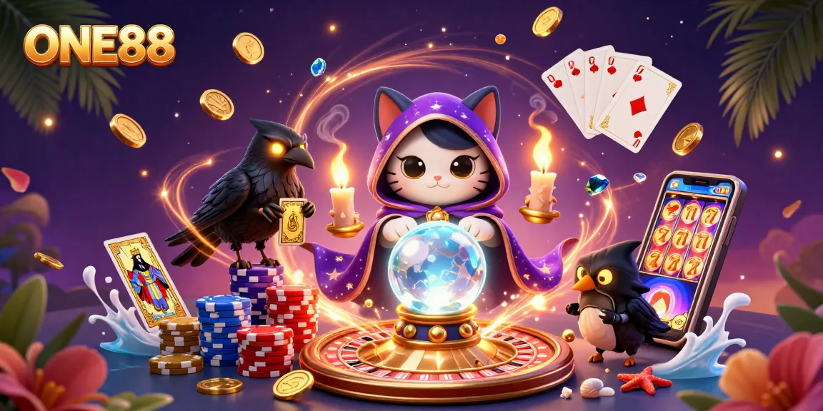 Experience thrilling wins with ONE88 as vibrant symbols and mystical characters come alive in this exciting 3D casino scene.