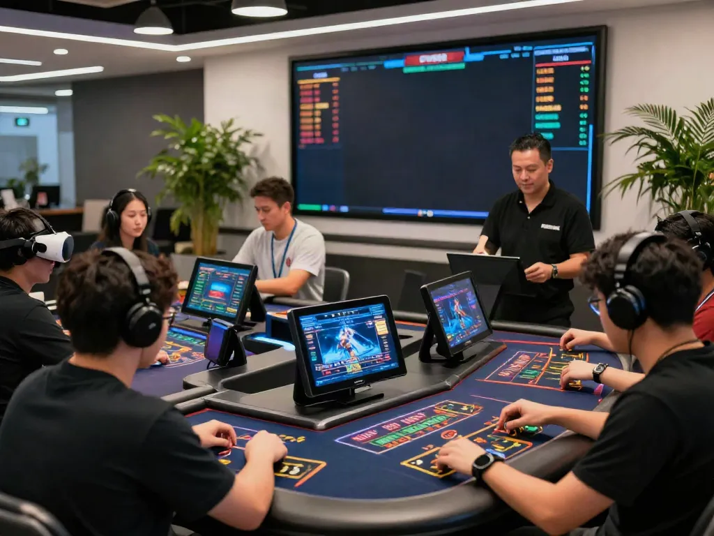 Exciting Five88 online gaming scene with players at modern tables, showcasing vibrant graphics and friendly dealer interaction.