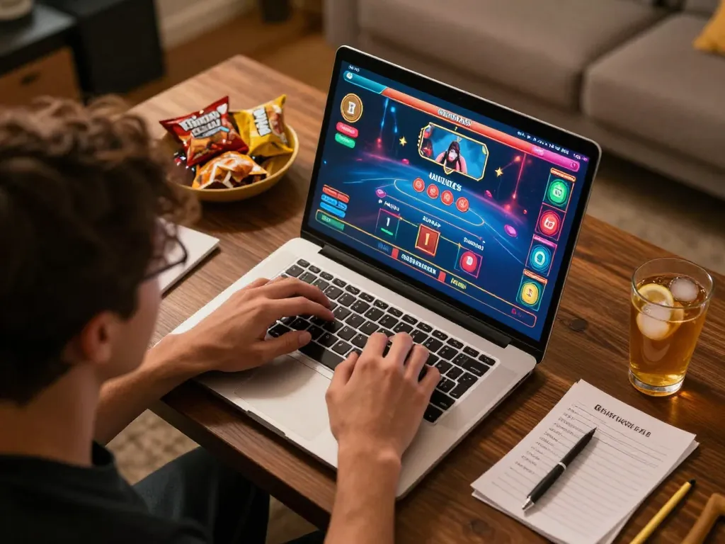 Link mới 9bet engaging player strategizing bets on laptop in a cozy home environment