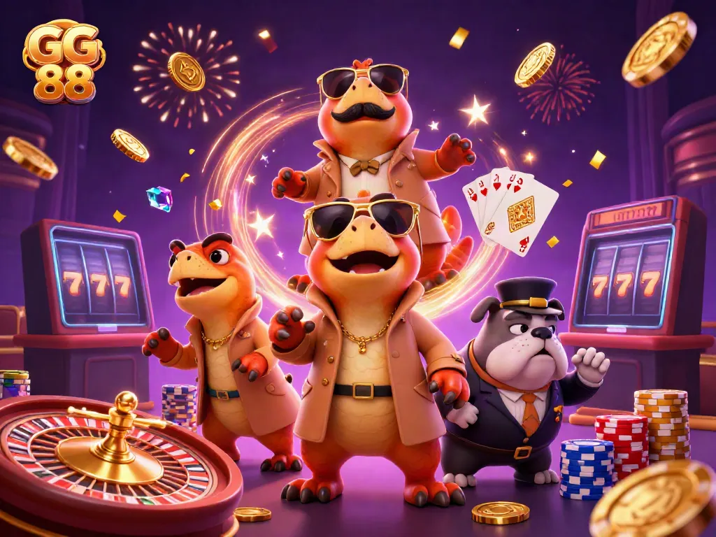 Experience the thrill of gaming at GG 88 with cartoon raptors entering a VIP casino.