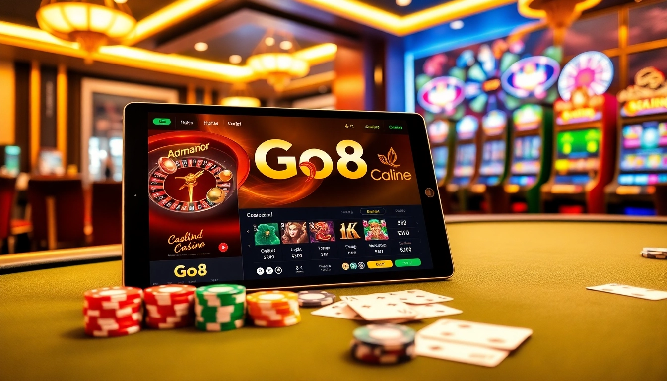 Experience the excitement of Go8 online gambling at a luxurious casino scene featuring poker chips and a roulette wheel.