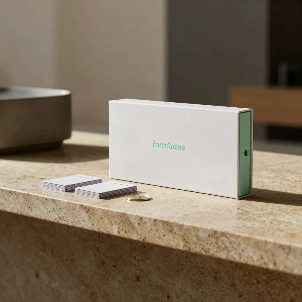 Jaarplan-box met moduleblok, kaartstapels en beloningstoken in luxe setting met mintaccenten.