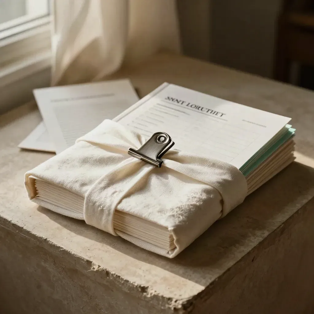 Zachte leadmagneet-kit in off-white stof met e-book blok, checklistkaarten en metalen clip.