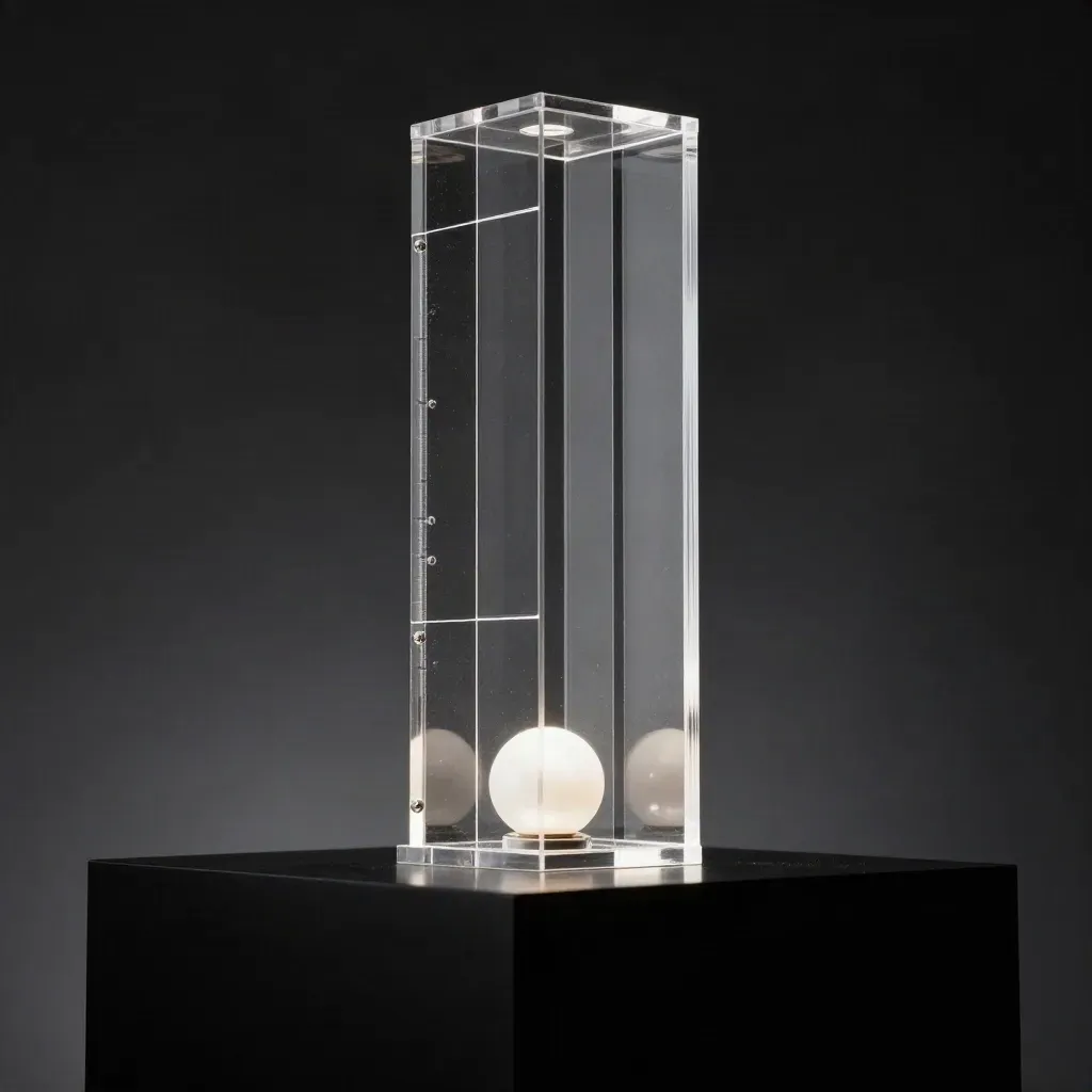 Helder acryl quiztoren met lichtorb op zwarte ondergrond in dramatisch studio-licht.