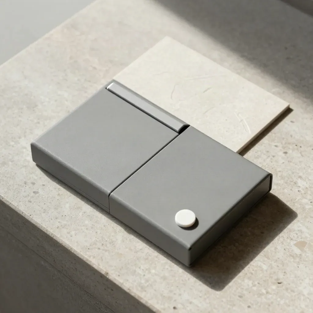 Bovenaanzicht van een compacte maandbox met chip, token en telefoonstandaard op travertin.