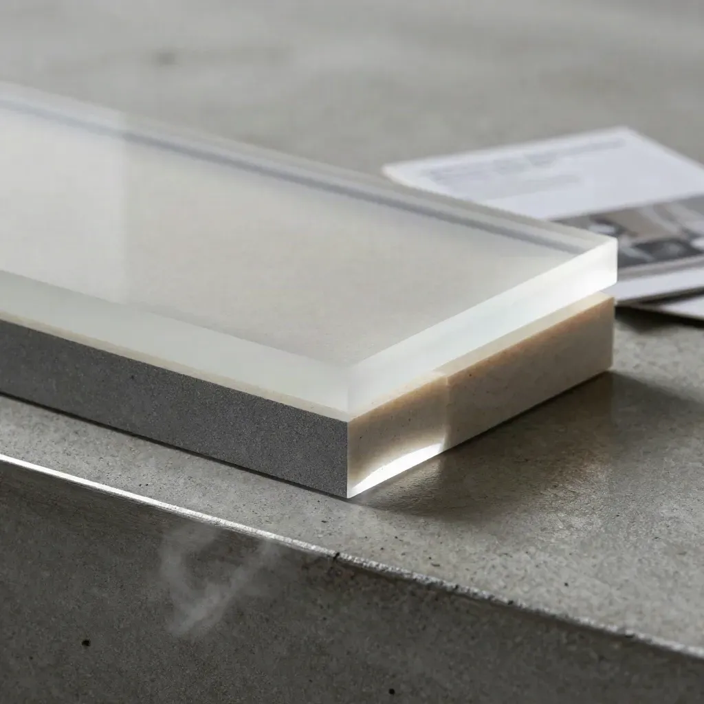 Macro van frosted acryl met twee inlegblokken en zachte mist op beton.
