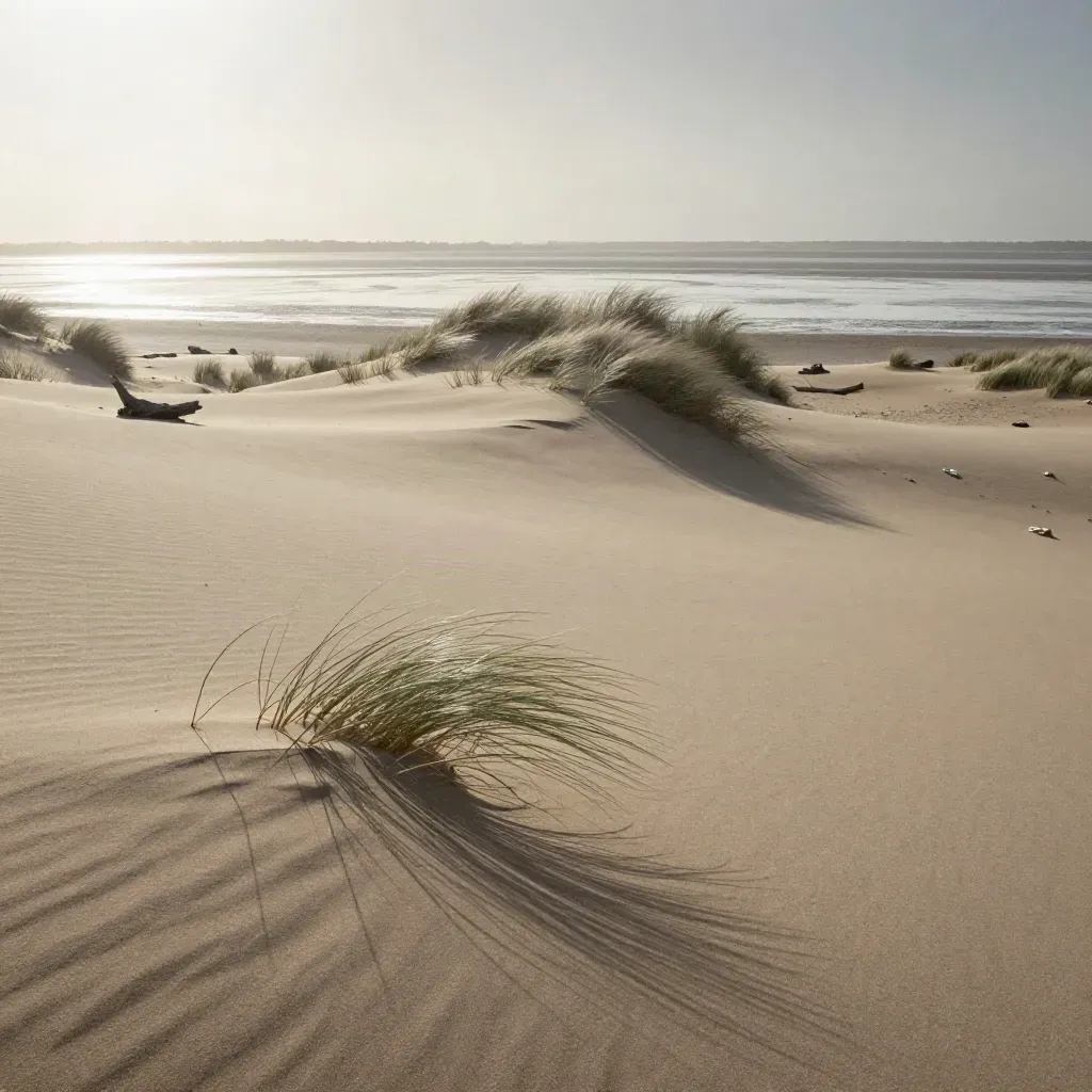 Duinrug boven een stille getijdenvlakte met wuivend gras en zachte nevel.