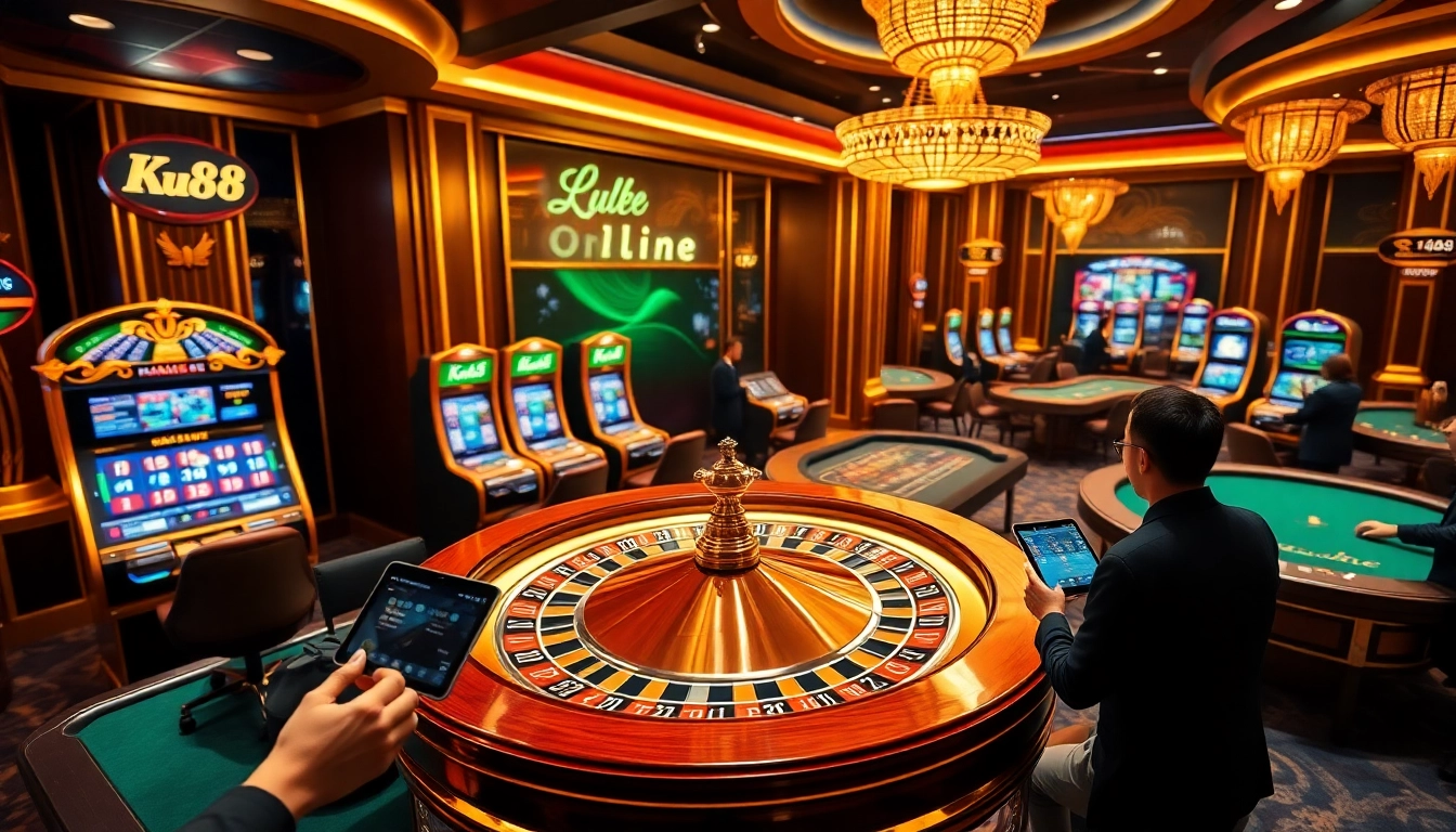 Experience thrilling games and interactive betting at Ku88 online, featuring elegant casino elements.