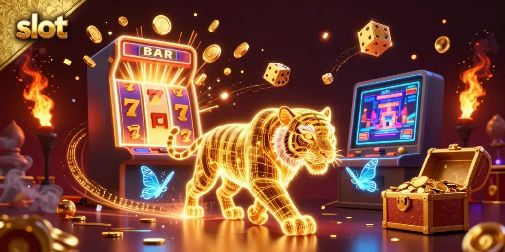 Experience exciting slot games in a vibrant casino landscape with a golden tiger and jackpot elements.