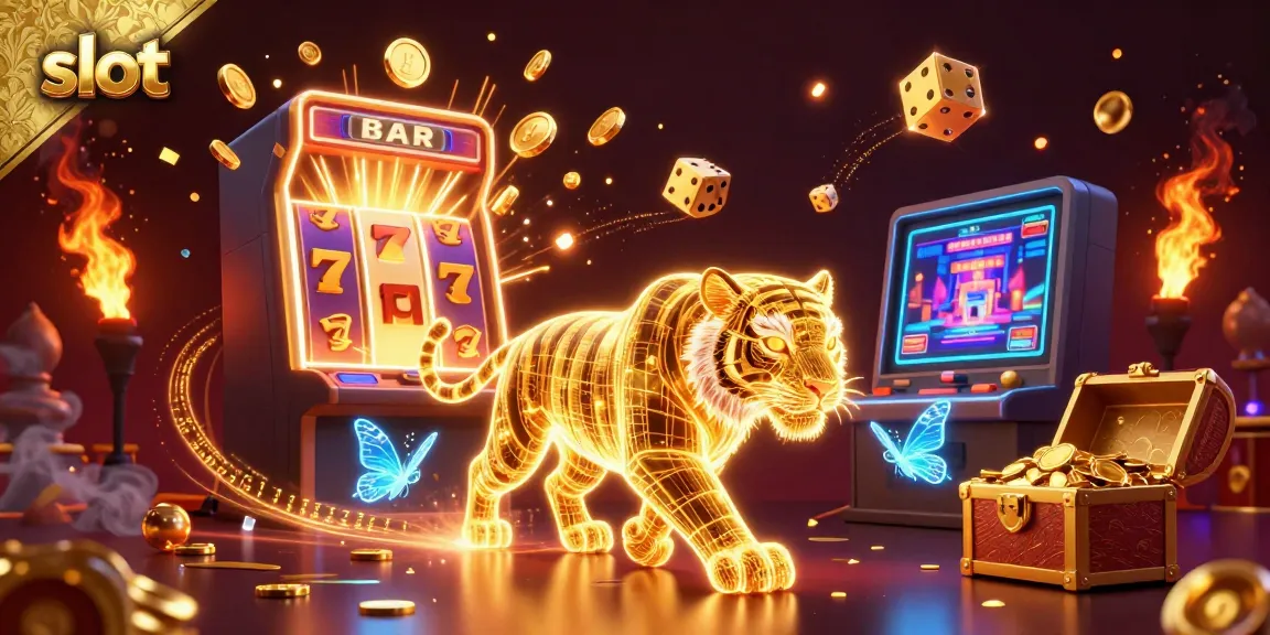 Experience exciting slot games in a vibrant casino landscape with a golden tiger and jackpot elements.