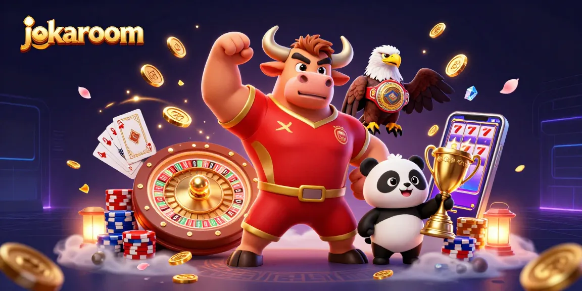 Win exciting jackpots with JokaRoom's vibrant 3D casino illustration featuring playful characters and gambling action.