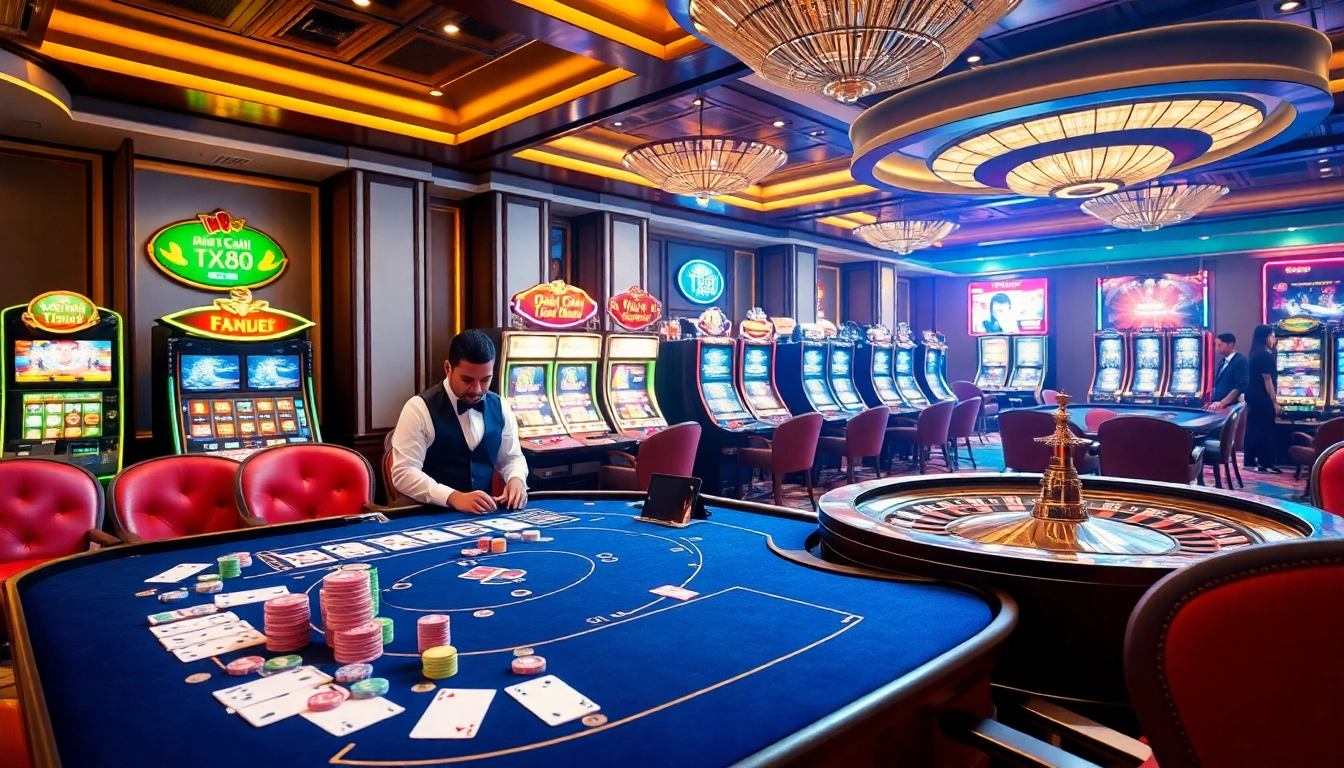 Experience excitement at Nhà Cái TX88 with a vibrant casino table featuring colorful chips and cards.