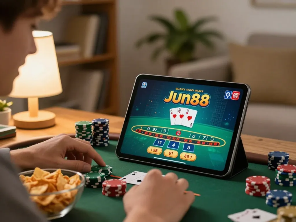 Player enjoying a live dealer blackjack game on tablet with Jun88 in cozy home setting