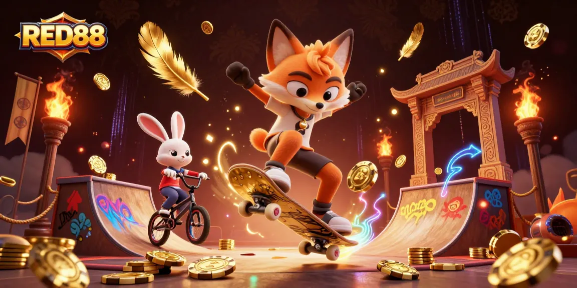 Experience thrilling action with RED88 as a skateboarder fox flips over golden poker chips.