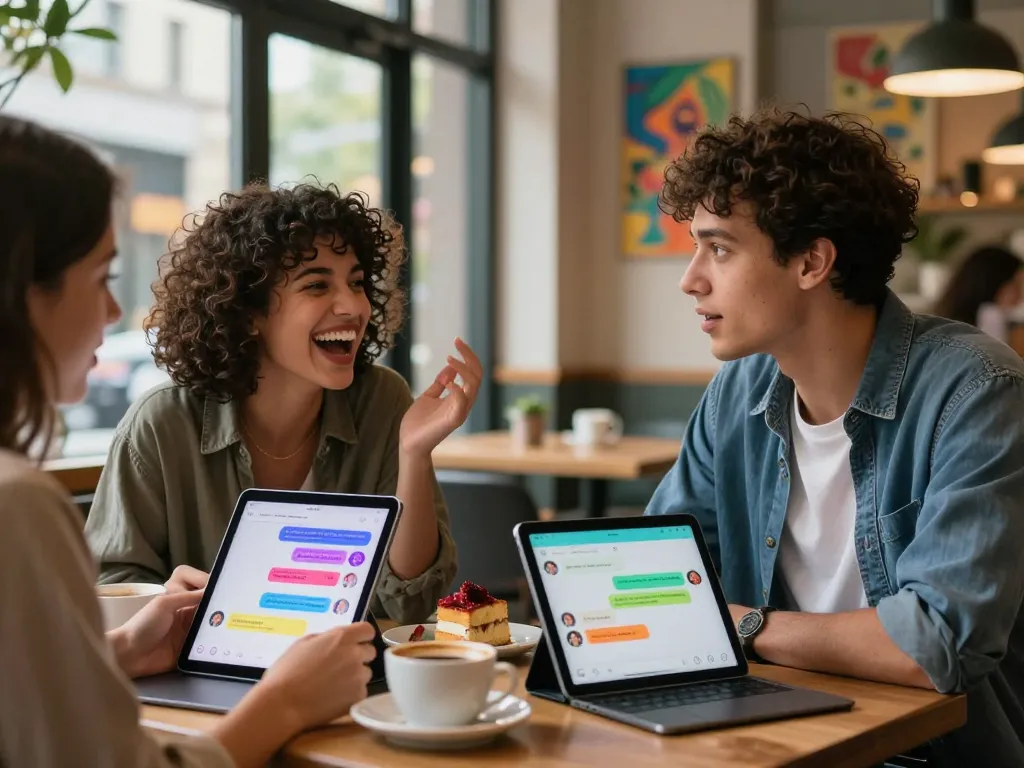 Two users enjoying a lively conversation with spicy chat AI in a trendy café setting.